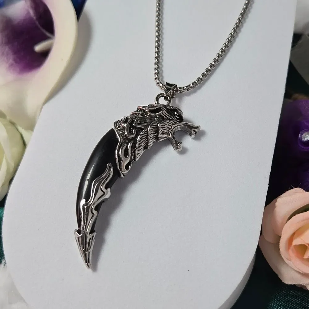 Viking Wolf Head Tooth Necklace Black Fang 24” Stainless Steel Nordic Biker Gift